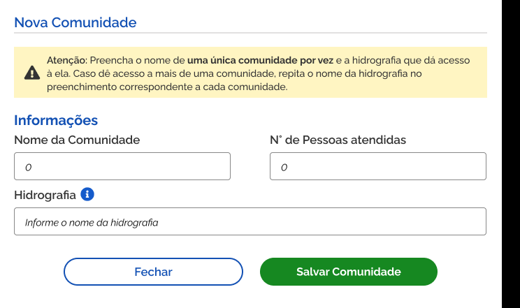 Protótipo da janela Nova Comunidade com os campos nome, número de pessoas atendidas e hidrografia