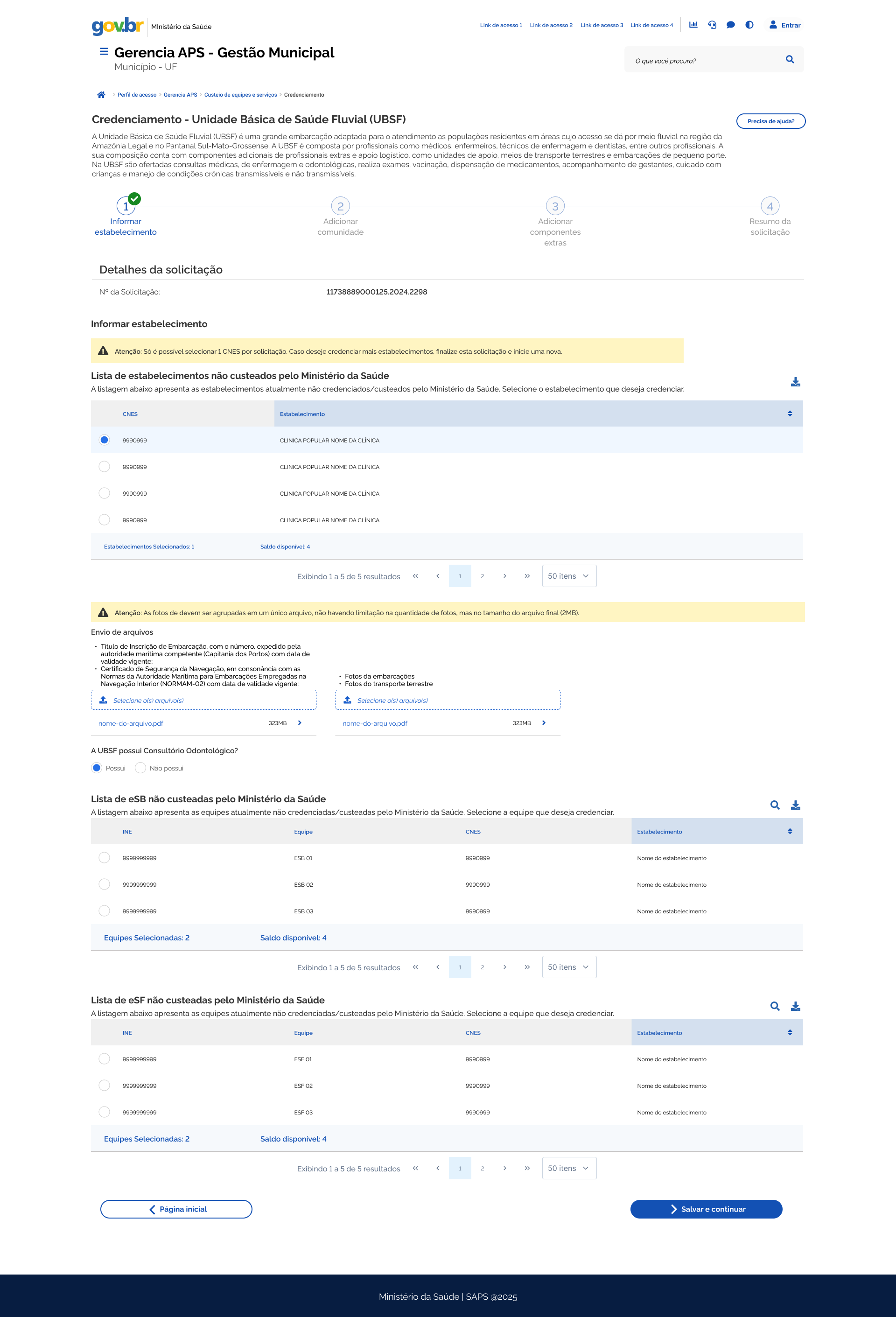 Protótipo da seleção do estabelecimento, envio dos dois PDFs, indicação de consultório odontológico e seleção de equipes