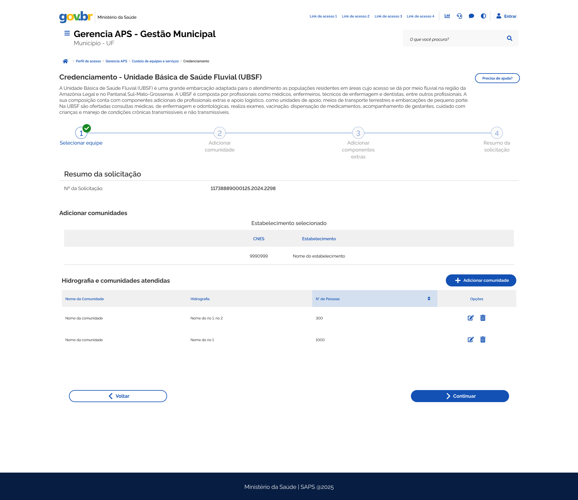 Protótipo da lista de comunidades e hidrografia, com opções para adicionar, editar e excluir comunidades